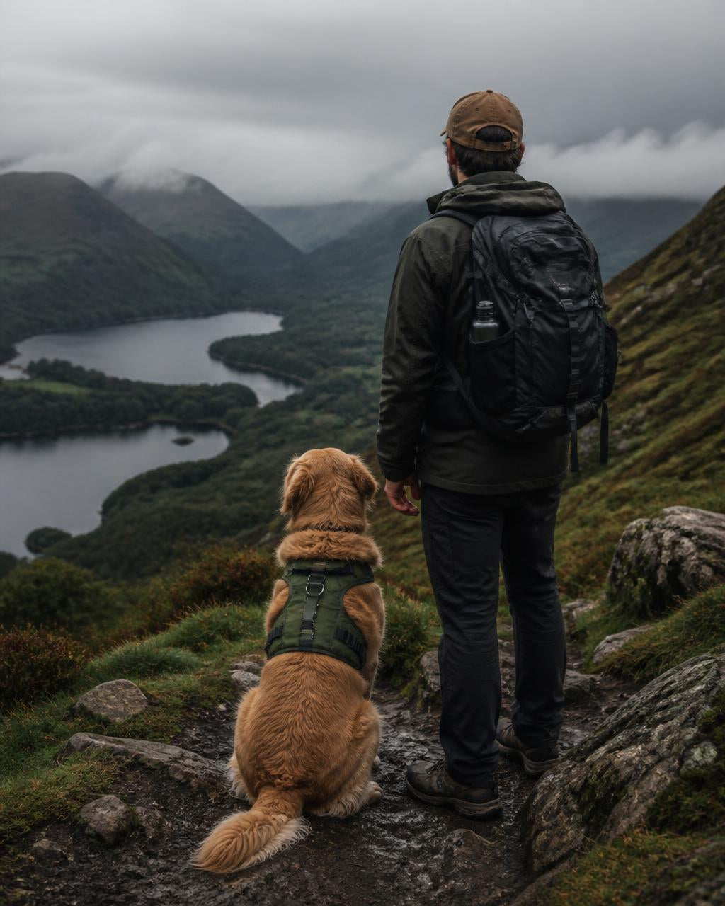 Man and golden retriever looking out over mountain lake on hiking trail