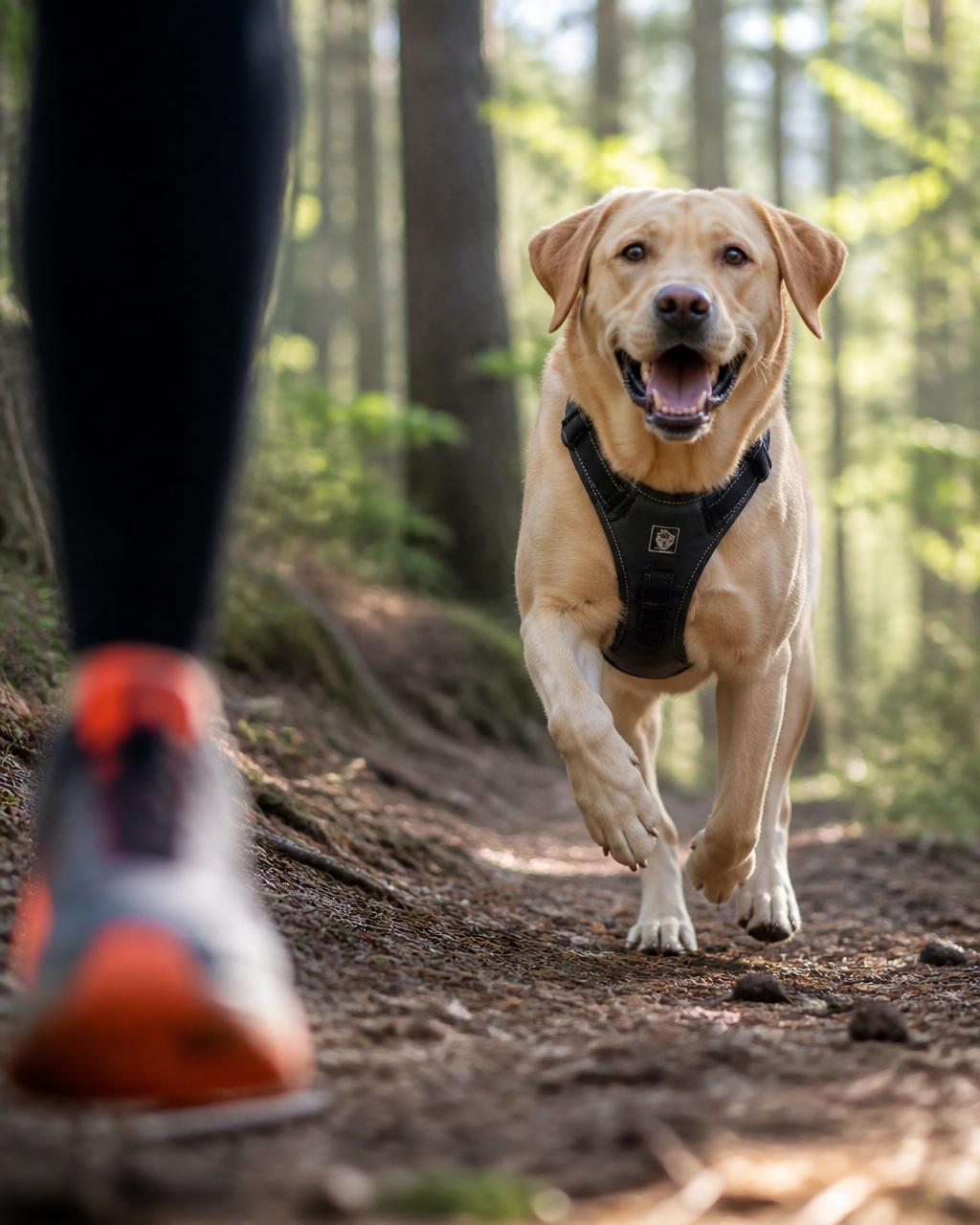Dog running on forest trail with owner